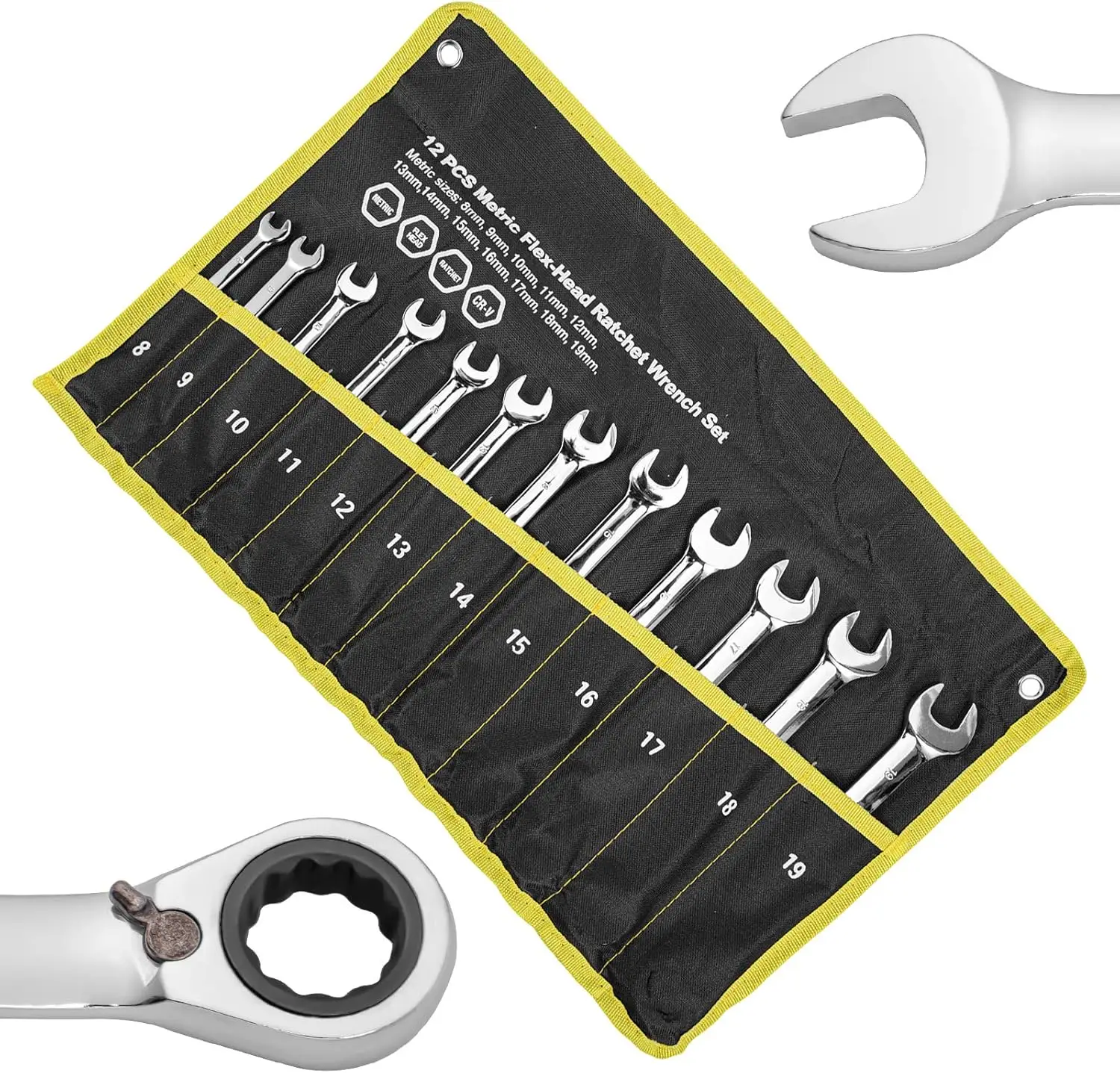 12 PCS Ratcheting Wrench Set With Storage Bag, Tool Combination Set, Metric 8mm-19mm, CR-V Steel Constructed Wrench Set