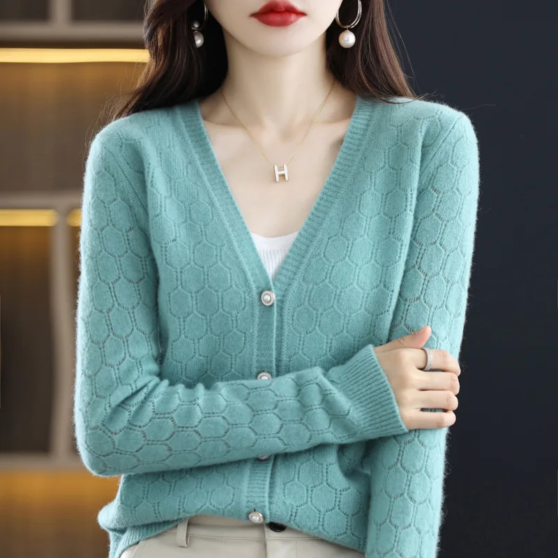 

Pure wool cardigan coat women's knitwear V-neck hollowed out 2023 autumn and winter new outside sweater women