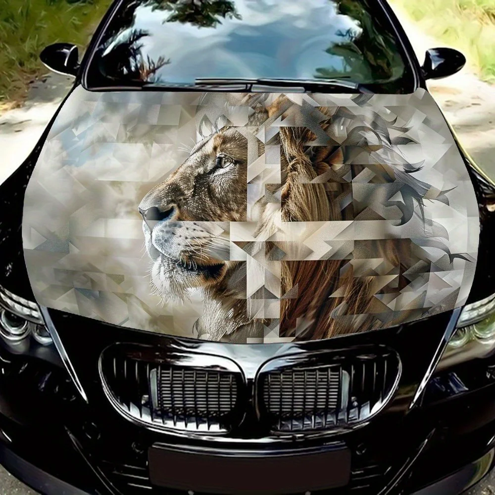 

Geometric Lion Clouds Sky White Cross Car Hood Vinyl Wraps Sticker, Car Engine Decal, Waterproof Self-adhesive Car Packaging Cov