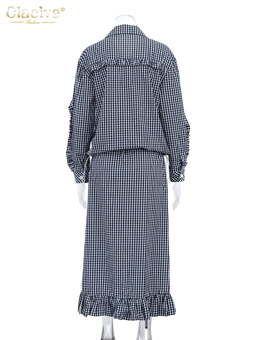 Clacive Fashion Loose Plaid Women's Two Pieces Set 2025 Elegant Long Sleeve Shirt With High Waist Midi Skirt Set Female Clothing image 6