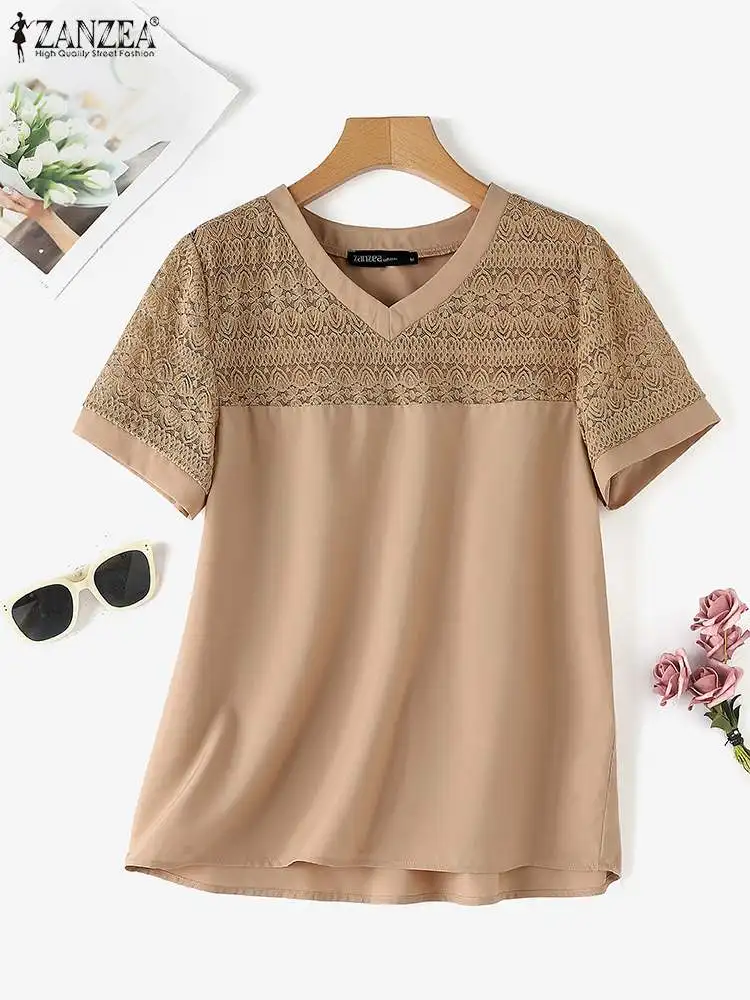 ZANZEA Women Blouse 2024 Summer Elegant V-Neck Tops Korean Fashion Solid Office Lady Shirt Baggy Lace Short Sleeve Tops Tunics