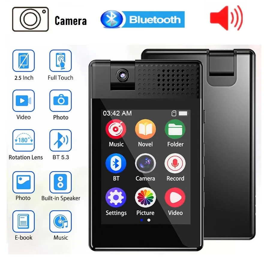 

New 180° Rotating Camera Lens Mp4 Player Bluetooth Touch Screen 8GB Mp3 Player With Speaker Sound Voice Recorder Music Centre