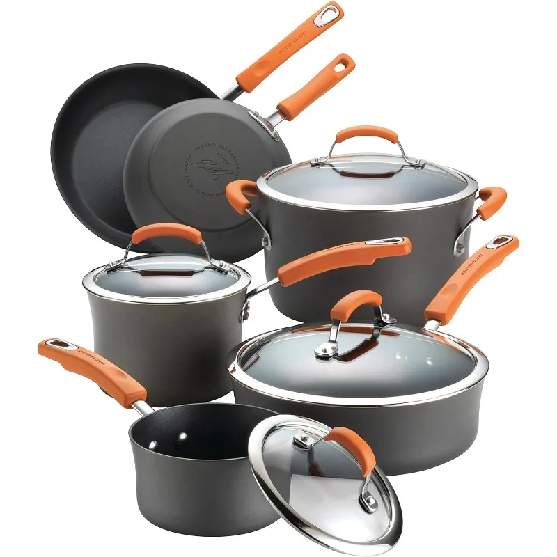 

Rachael Ray Brights Hard-Anodized Aluminum Nonstick Cookware Set with Glass Lids, 10-Piece Pot and Pan Set, Gray with Orange