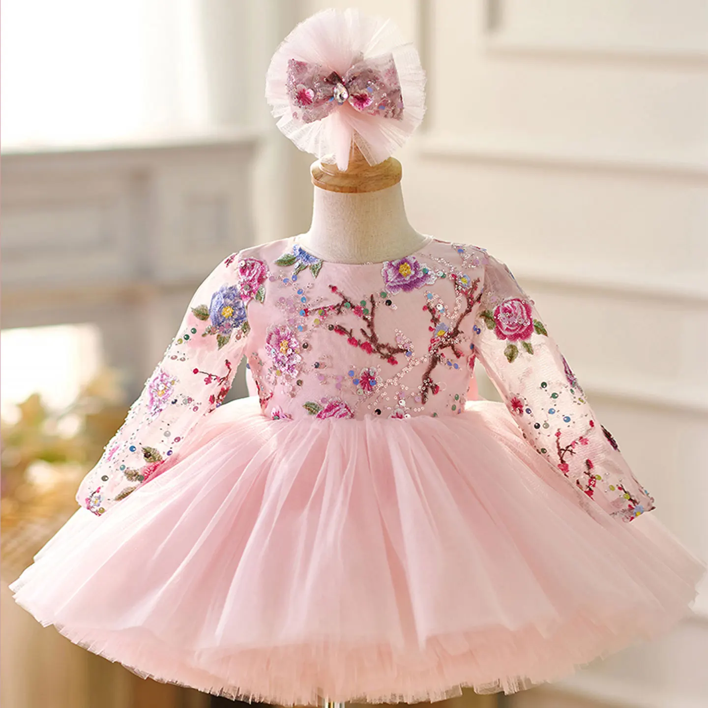 Jill Wish Pink Baby Lace Long Sleeve Adorable Girl Dress with Bow Knee Length Princess Wedding Birthday Party Ball Gown J054