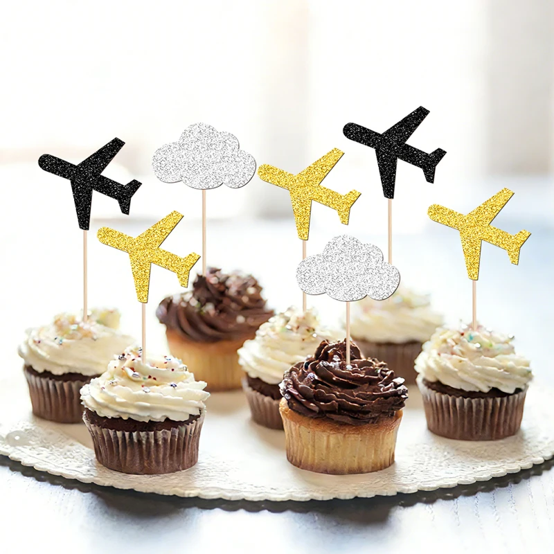 YOMDID 24 Stück Flugzeug-Kuchenaufsätze, mehrfarbig glitzernde Wolken-Flugzeug-Cupcake-Topper, Dekorationen, Kuchenaufsätze mit Reisethema – Detail 11