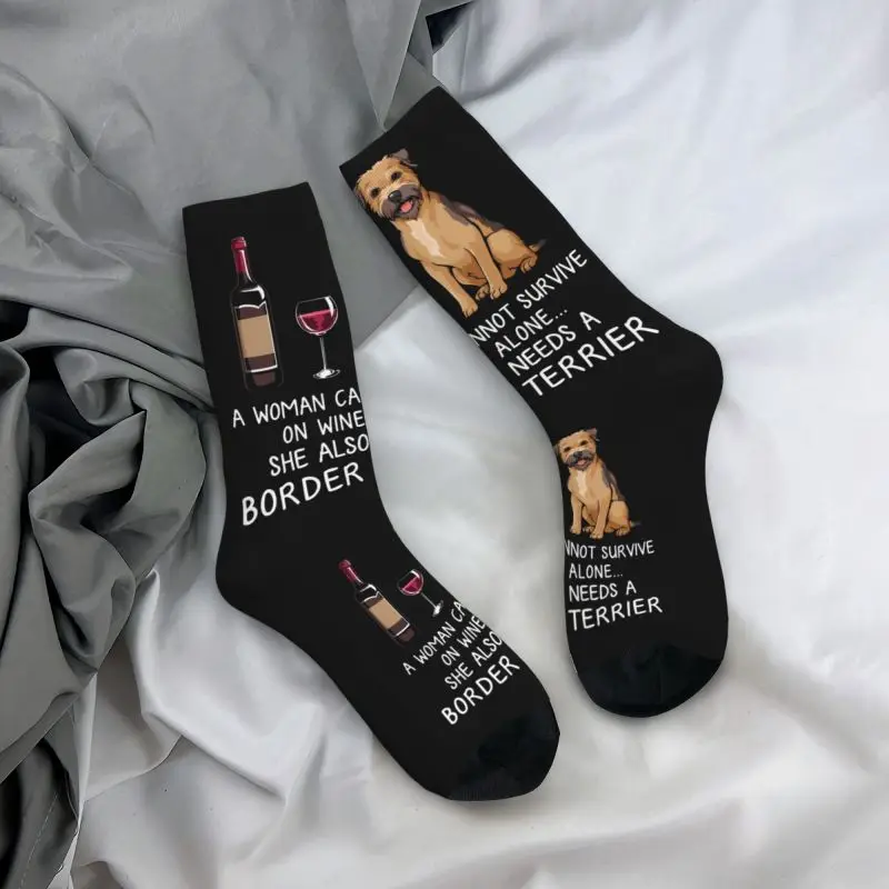 Cute Wine And Border Terrier Socks Women Men Warm 3D Print Funny Dog Sports Football Socks