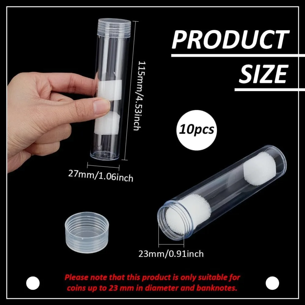 10 PCS Round Clear Coin Storage Tube 0.9inch Inner Diameter Plastic Coin & Paper Money Tube with Screw on Lid Coin Holders view 2