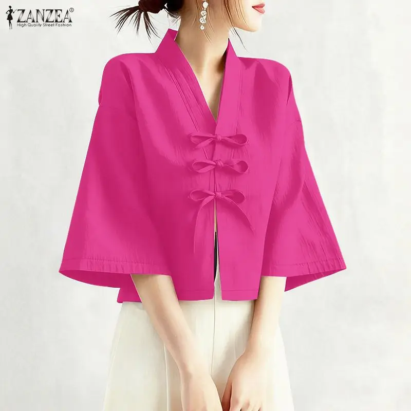 

Women's Vintage V-Neck Shirts 3/4 Sleeve Tie-Front Solid Color Casual Tops ZANZEA Spring Summer Woman Clothes Chemises Femme