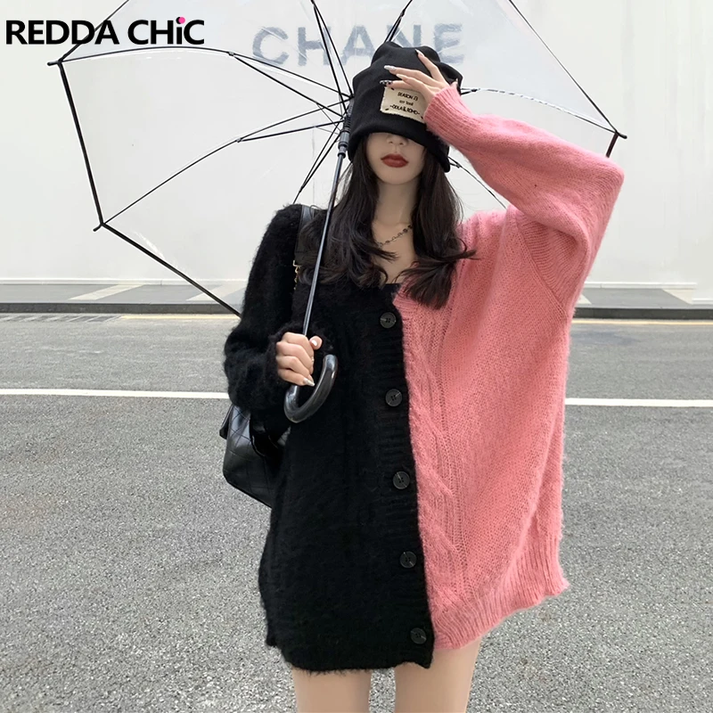 

REDDACHiC Women Bicolor Knitted Cardigan Patchwork Contrasting Oversize Casual V-Neck Long Sleeves 90s Vintage Y2k Sweater Coat