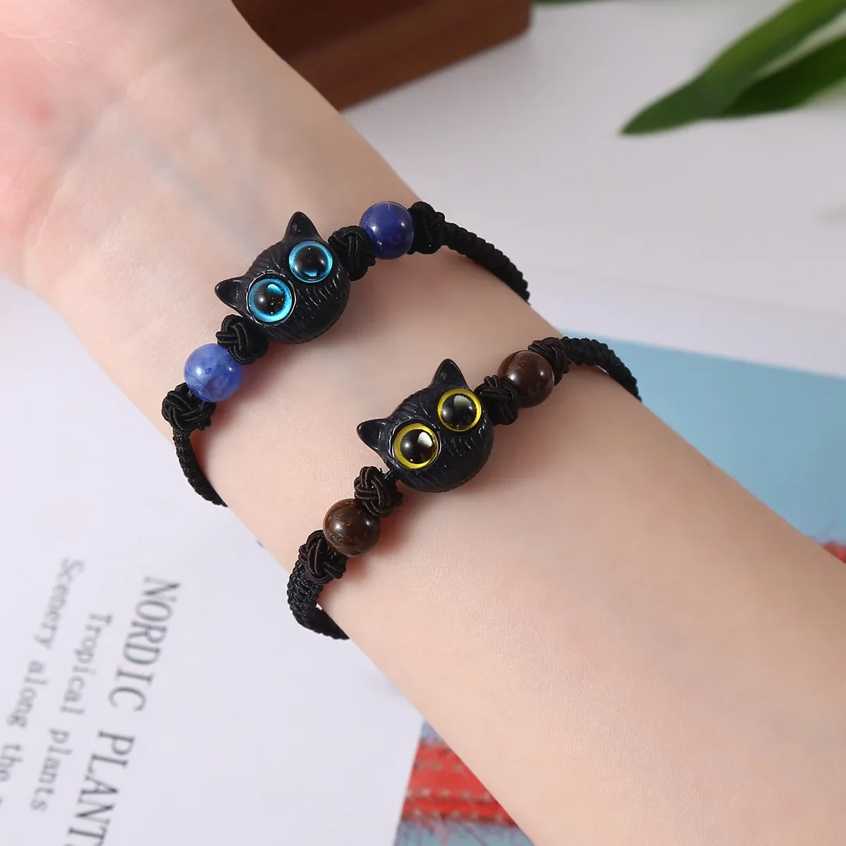 Cute Black Cat Blue Yellow Eyes Beaded Woven Bracelet for Men Women Kitten Bone Star Charm Bracelet DIY Trendy Accessories Gifts