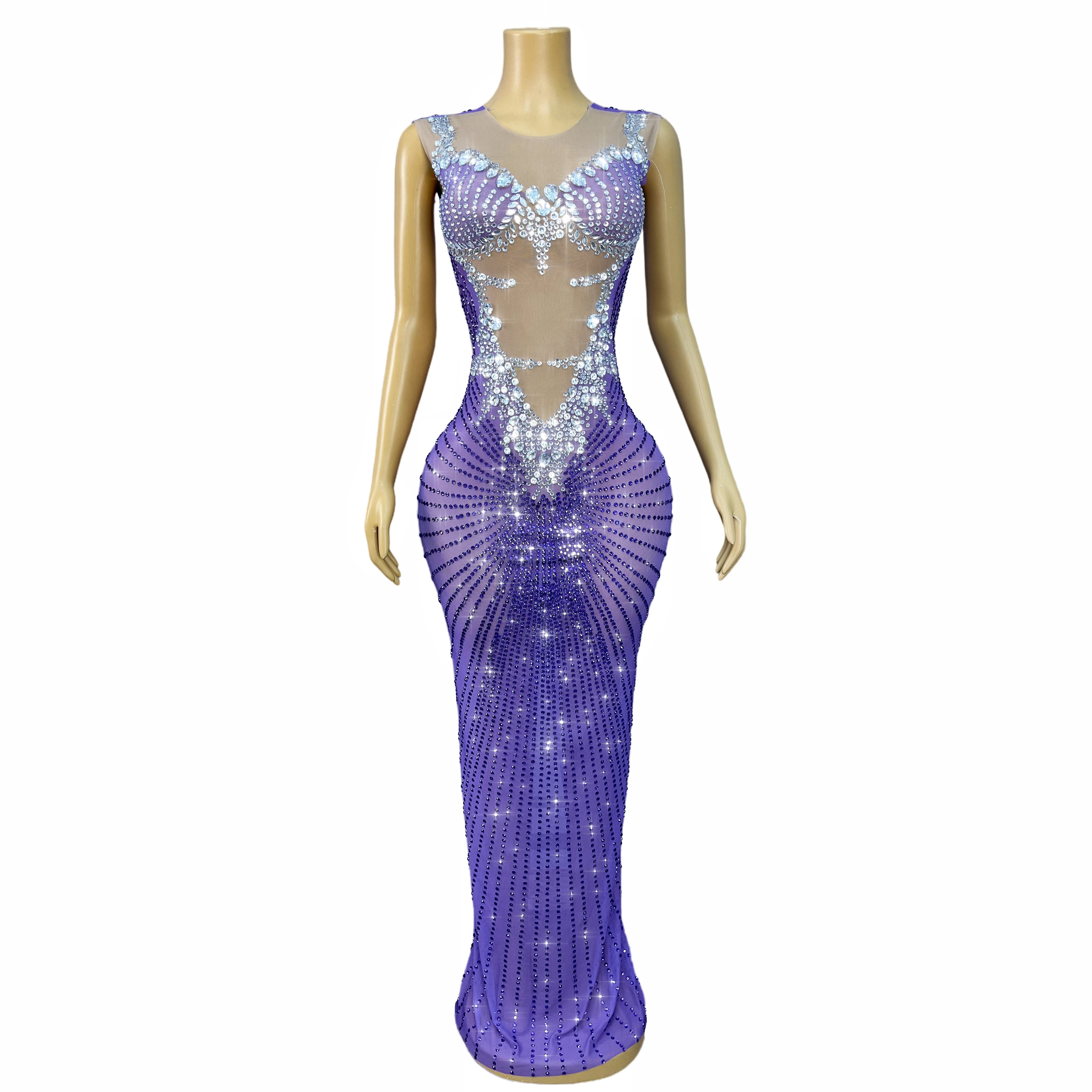 Luxury Blingbling Rhinestones Elegant Cultivation Mesh Dress Cocktail party Evening Gown Red carpet Show Outfit Chijin