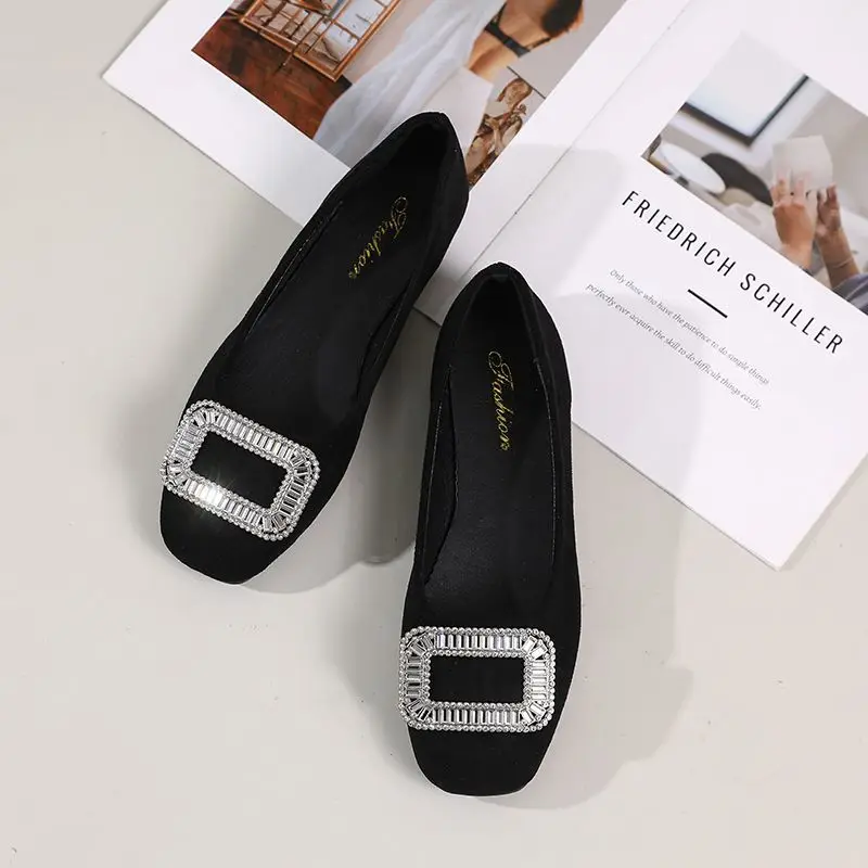 Ladies Footwear Low Heel Elegant Rhinestone Women's Flat Shoes Slip-on Black Stylish Comfortable 2025 Trend Promotion Dress 39