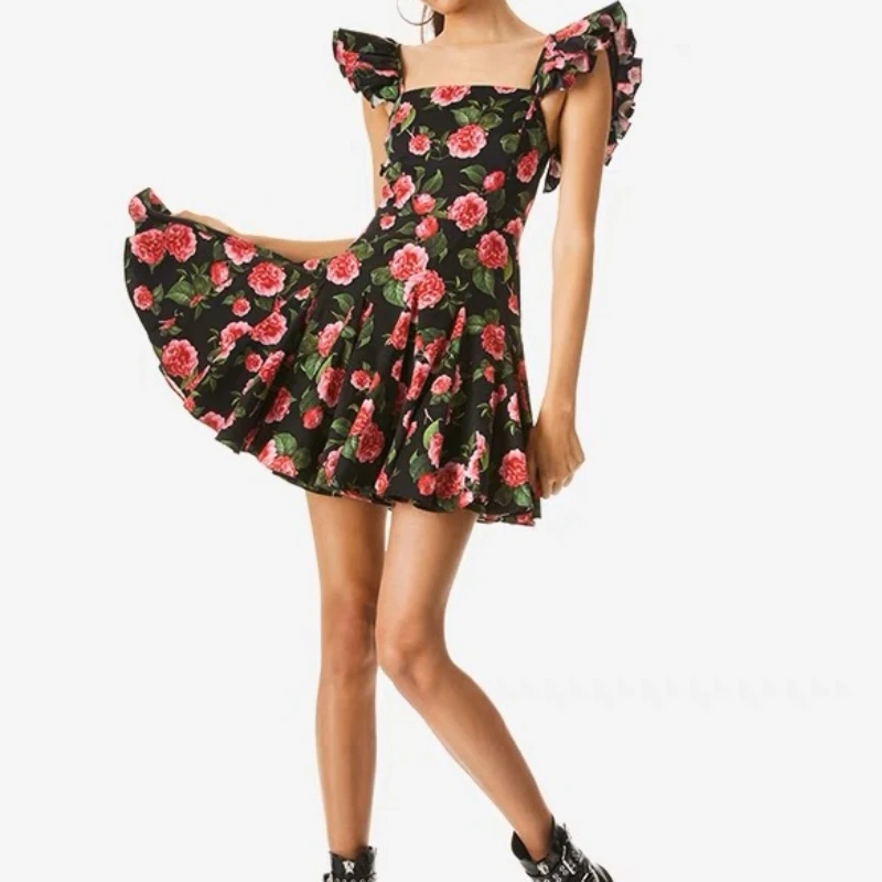 

Black Floral Print 2024 Summer New Collection Vintage Sweet Flying Sleeve Square Collar Ruched Ruffles Flouncing Mini Dress