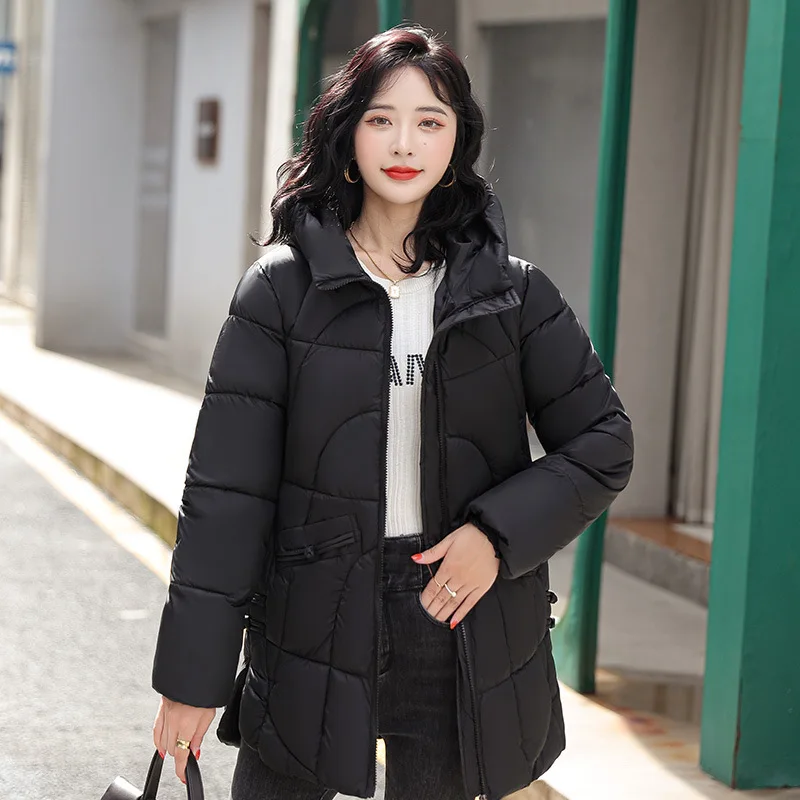 Vestes d'hiver rembourrées en coton pour femme, Parkas à capuche, mi-long, ample, brillant, solide, manteau en coton, vêtements d'extérieur, nouvelle collection 2025