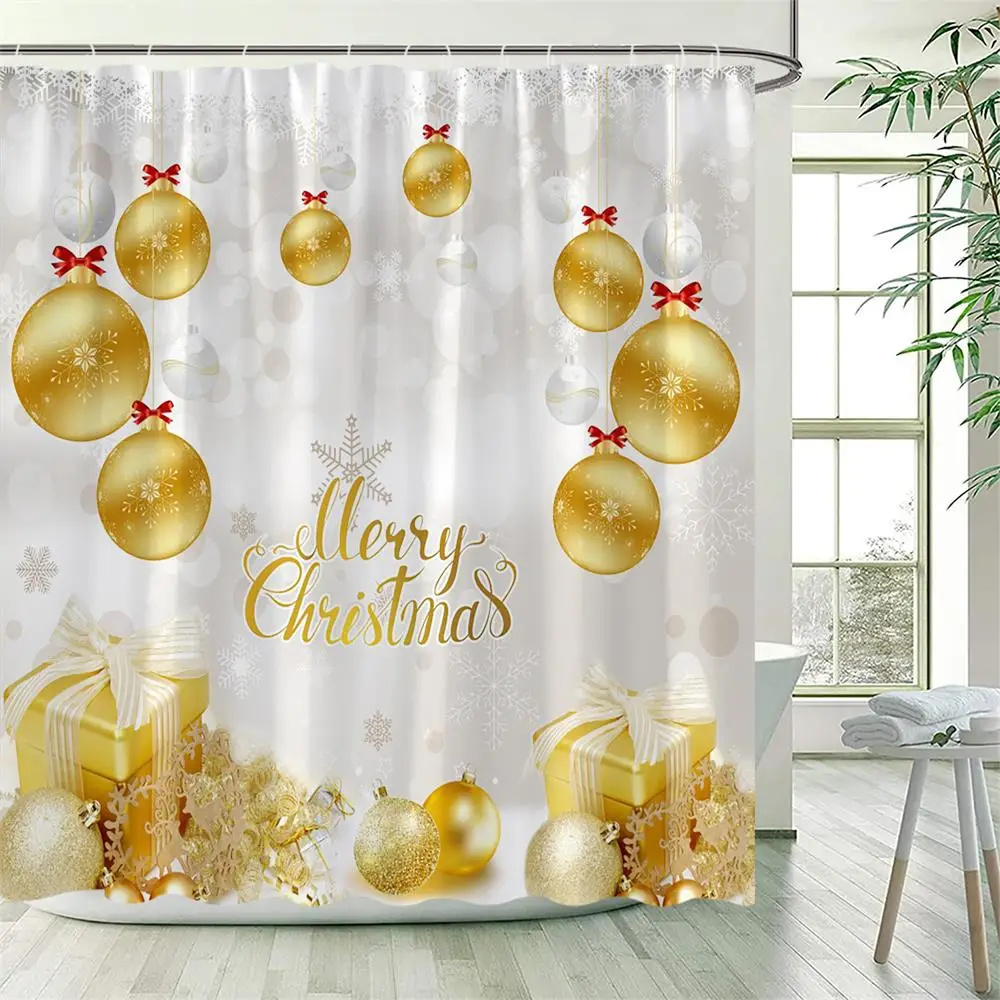 Merry Christmas Shower Curtain Gold Grey Snowflakes Pattern Winter Xmas Home Bathroom Decor Polyester Fabric Bath Curtains Set