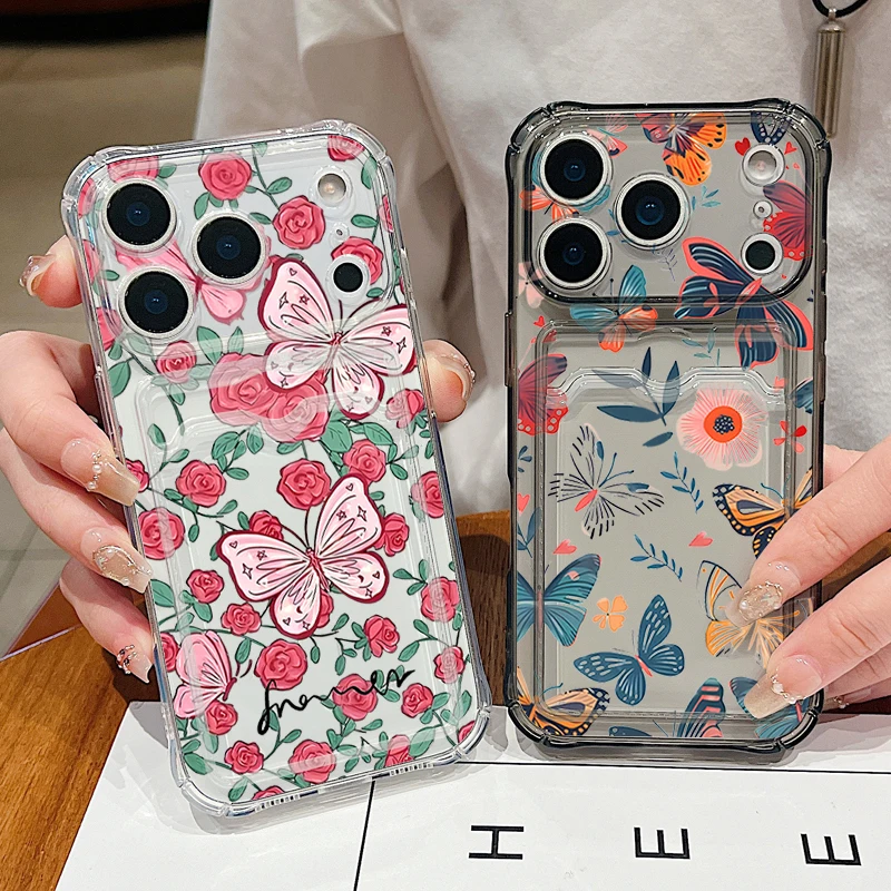 Kartenfach-TPU-Handyhülle für iPhone 17 16 Pro Max 15 14 13 Pro Max mit Schmetterlings- und Blumenmuster, weiche Silikon-Klarhülle