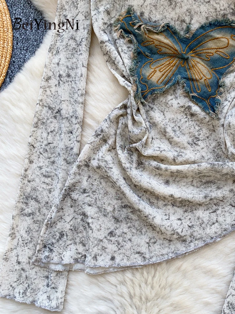 เสื้อยืดสไตล์วินเทจอเมริกันสำหรับผู้หญิง คอเฉียง y2k สตรีท แขนยาว ทรงเข้ารูป สไตล์ฮาราจูกุ ลายผีเสื้อ