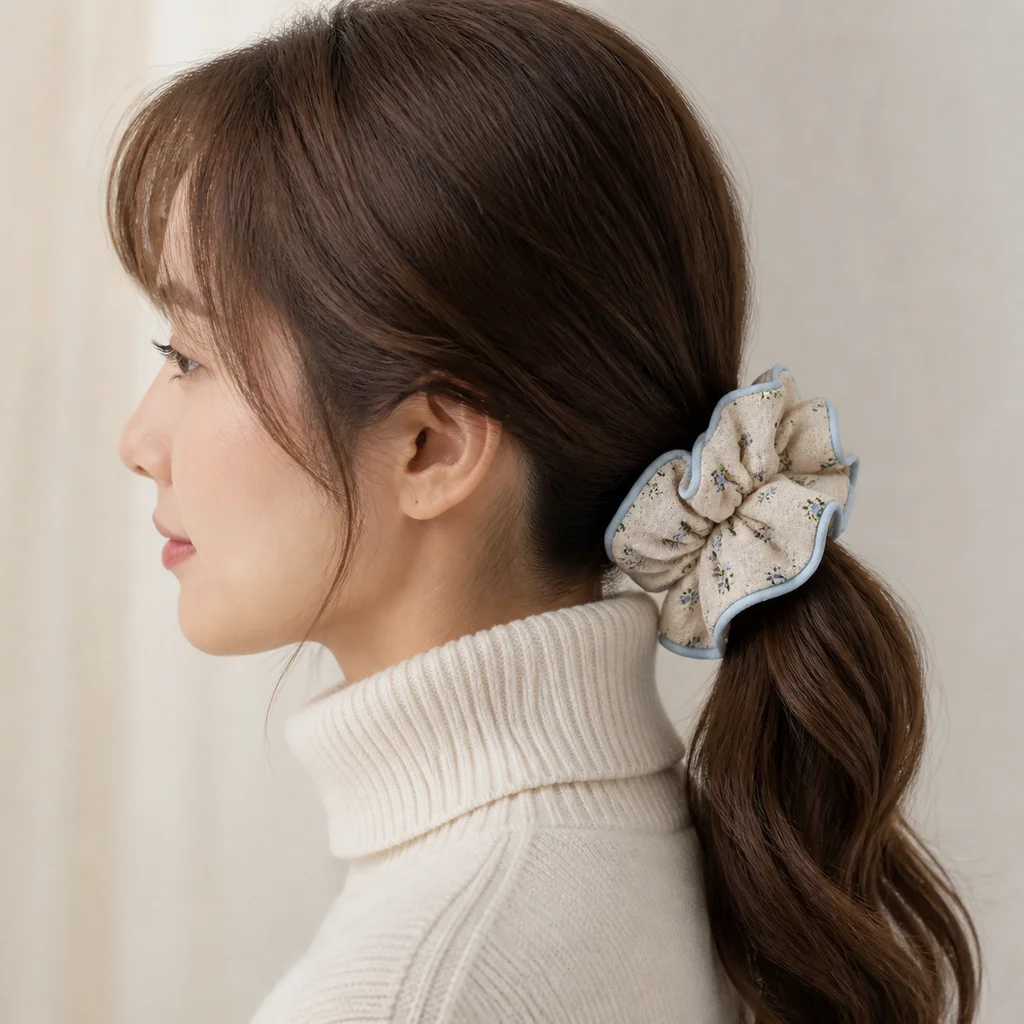Handmade Pattern Single-Layer Scrunchie Handmade Elastic Hair Tie for Ponytail and Bun, Soft Gathered Hair