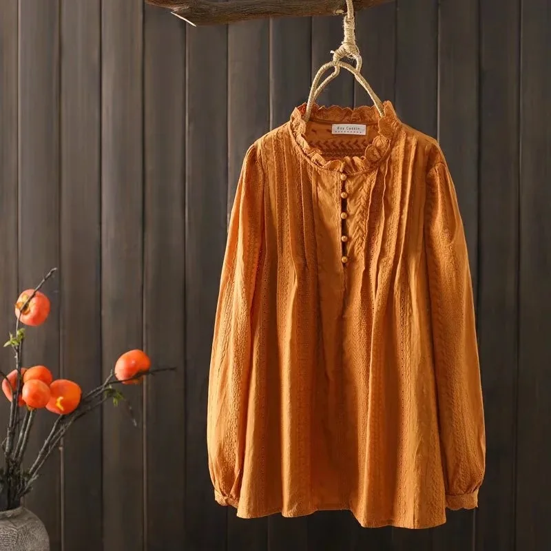 Japanische Süße Mori Mädchen Einfarbig Stickerei Aushöhlen Baumwolle Shirts Frauen Frühling Herbst Stehkragen Langarm Bluse Top