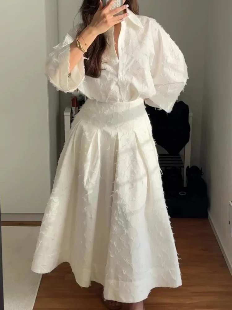 

Elegant Tassel Shirt Skirt Set Women White Lapel Long Sleeve Button Top A-line Pleated Midi Skirts 2025 Summer 2 Pcs Lady Outfit