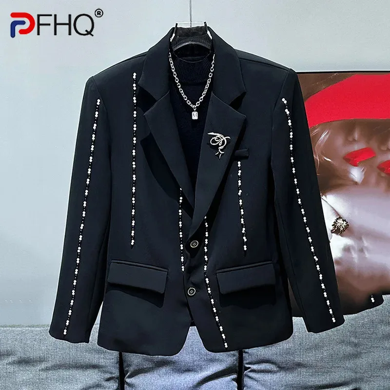 PFHQ Korean New Niche Strip Black Nail Bead Decoration Design Suit Popular Autumn Winter Long Sleeve Male Tops Fashion 21Z6075