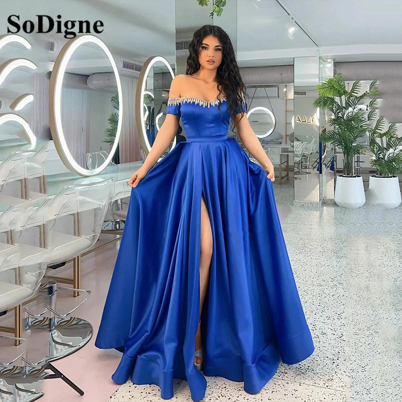 

SoDigne A Line Royal Blue Taffeta Evening Dresses Beads Off The Shoulder Saudi Arabic Women Modern Formal Party Prom Gowns