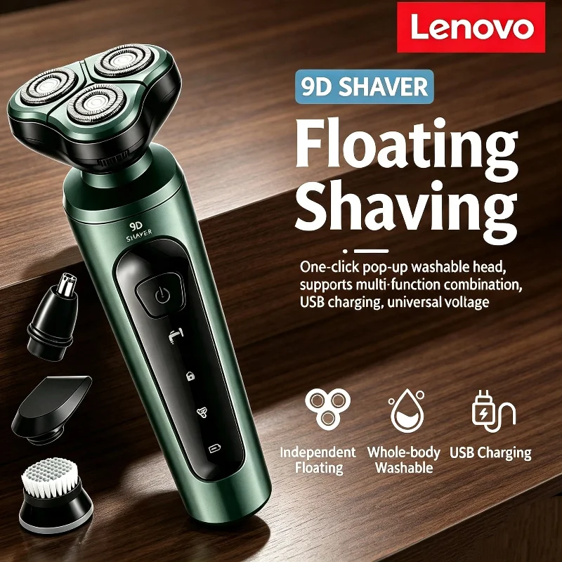 Электробритва Lenovo многофункциональная 9D, водонепроницаемая, с высокой мощностью, зарядка, триммер для волос и бороды, удаление волос со всего тела для мужчин, 2026