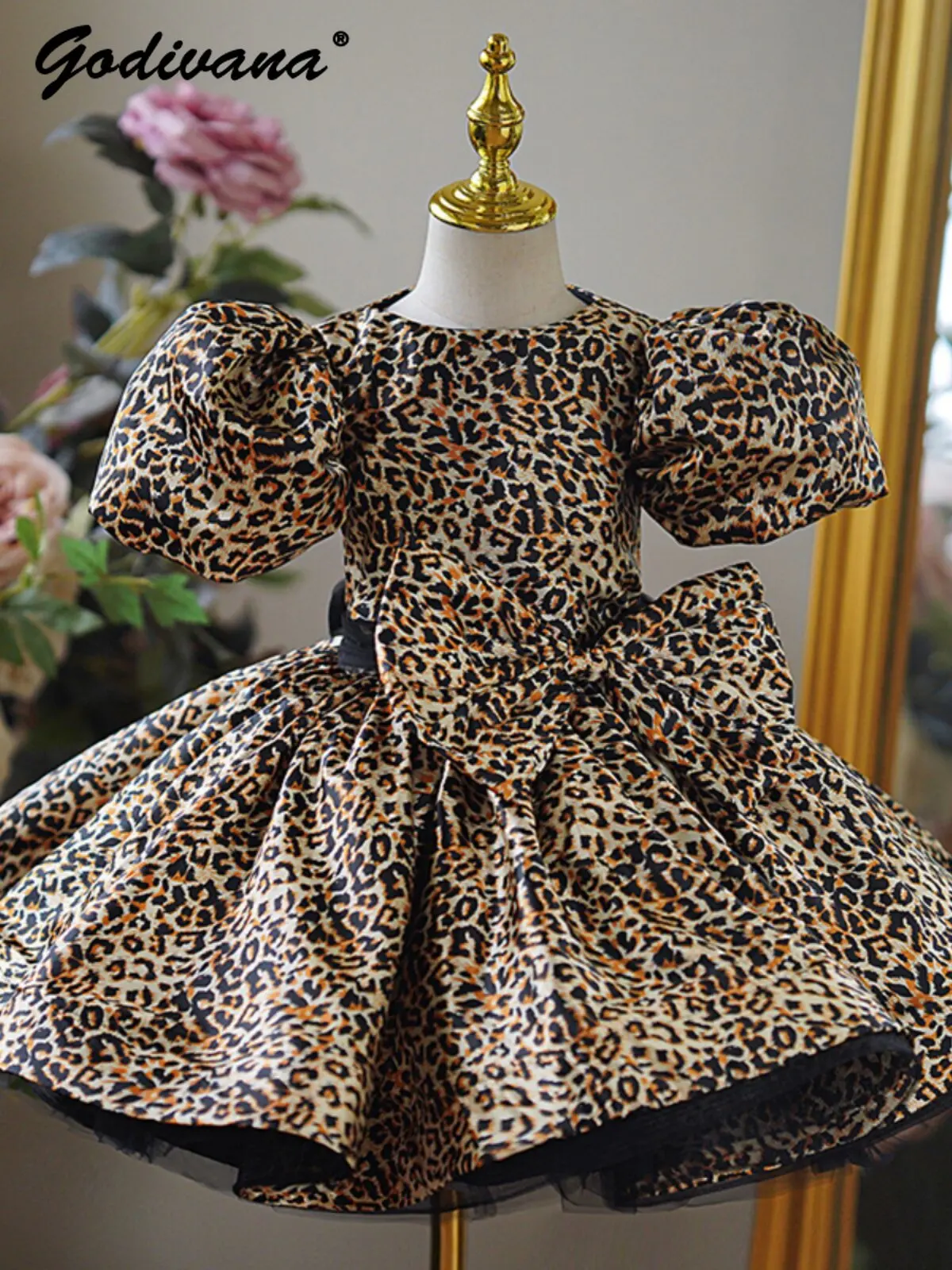 

Baby Girls Runway Princess Dress Kids Luxury High End Black Tulle Leopard Print Bow Puff Sleeve High Waist Birthday Party Gown