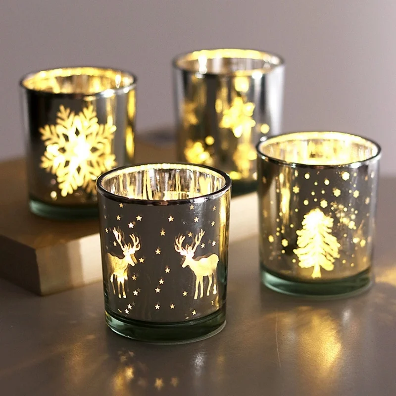 1pc Christmas Snowflake Glass Candle Holder Electroplated Hollow Out Candle Cup Xmas Table Centerpiece Home Party Decor Gift