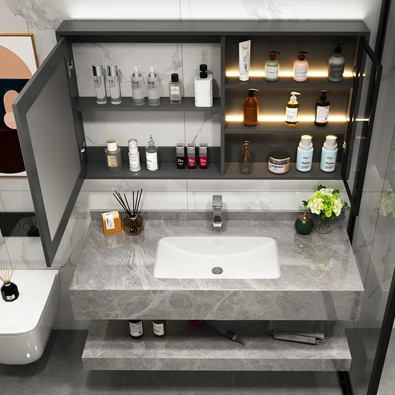 Nowoczesne szafki łazienkowe i inteligentne lustra z bocznym schowkiem, kombinacja szafki pod umywalkę z szklaną szufladą.