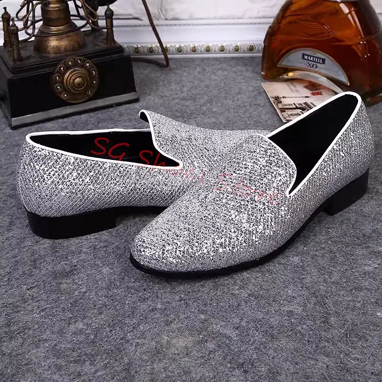 Bling Sequined Colth Leather Shoes for Men Wedding Dress Loafers Round Toe Chunky Heel Shallow Derby Shoes Male Leisure Shoes