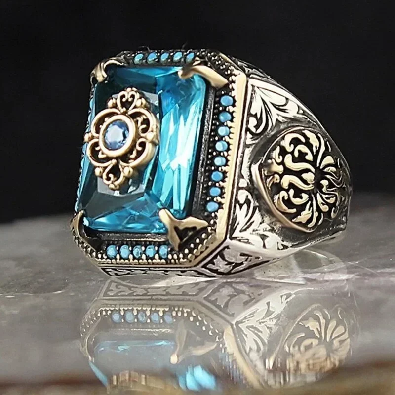 2022 new inlaid sea blue emerald men\'s ring Turkey retro domineering personality ring to attend the banquet high-quality jewelry