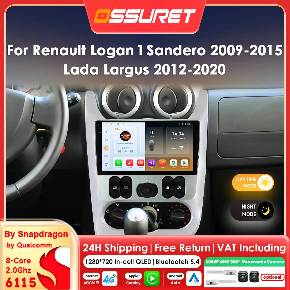 Autoradio für Renault Logan 1 Sandero 2009-2015 Lada Largus Kabelloses Carplay Android Auto Intelligente Systeme 6115 Octa-Core-Haupteinheit DSP RDS Bildschirm