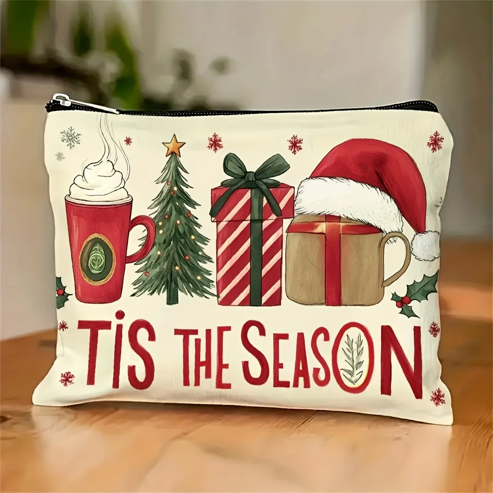 

A Christmas Tree Gift Cup Pattern Makeup Bag- Multifunctional Zipper Pouch, Jewelry Storage Bag, Perfect Travel Zipper Small Sto