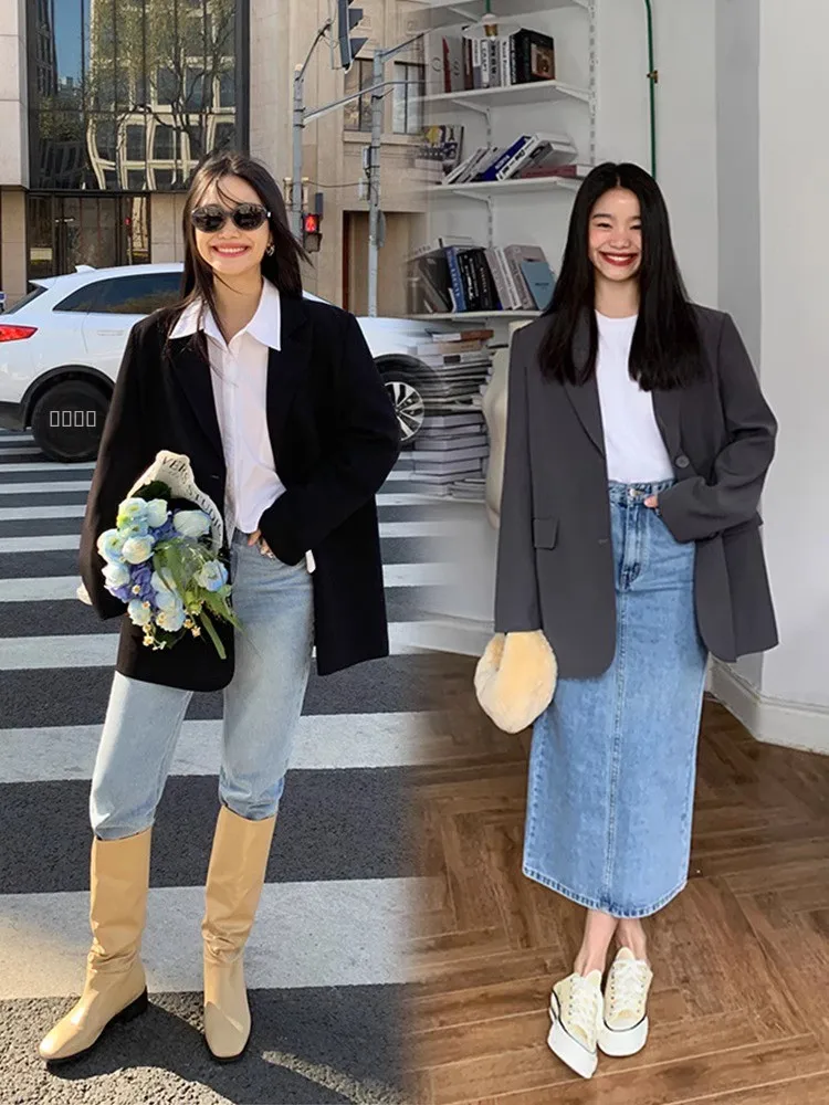 Długi garnitur damski, koreański styl, ekskluzywny design, wiosna-jesień, nowa moda, dopasowany krój, elegancki, z rozcięciem.