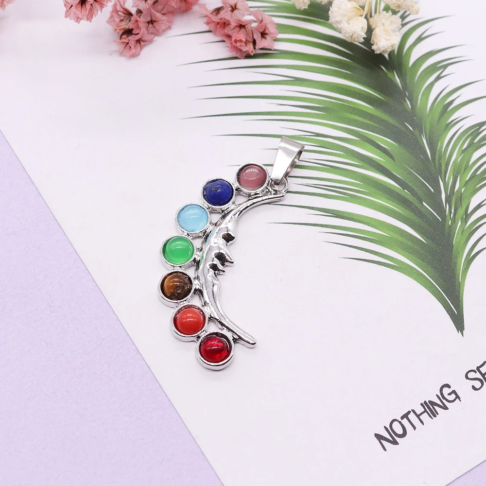 Natural Stone 7 Chakra Moon Pendant Yoga Handmade Wire Wrapped Seven Chakra Crystal Beads Charms for Jewelry Making DIY Necklace