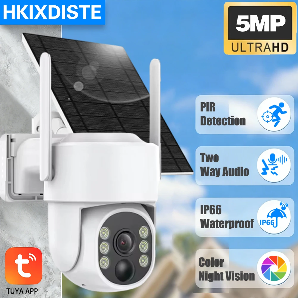 

Tuya HD Wifi Camera Solar PIR Human Detection Color Night Vision Waterproof Security Video IP Camara 5MP Battery CCTV Monitor