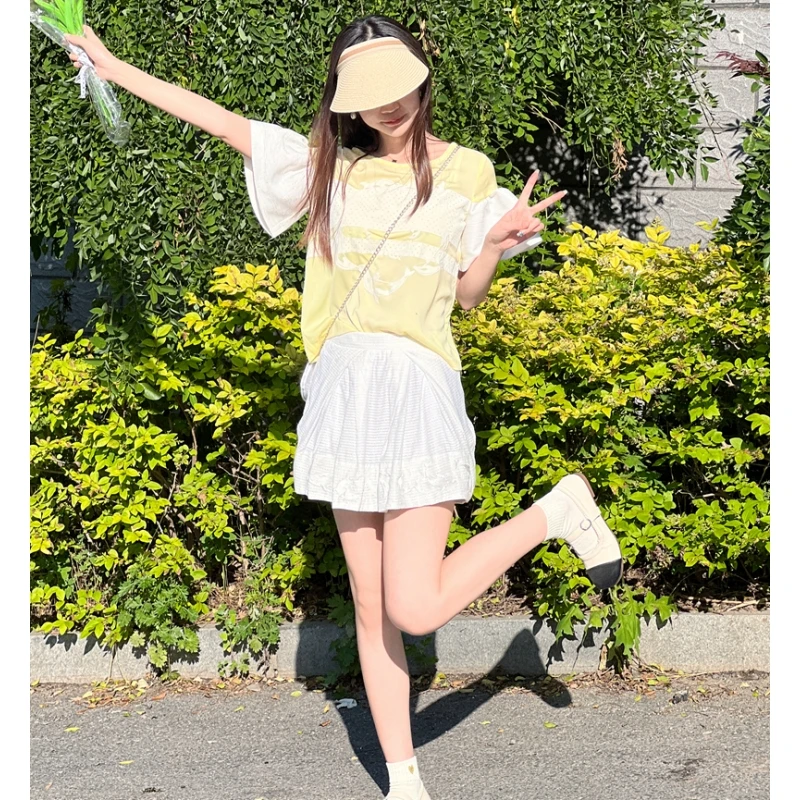 韓国風サマーファッションセット 女の子用 ベルスリーブと刺繍入りスカート ドルフィン柄ポリエステルスカート...