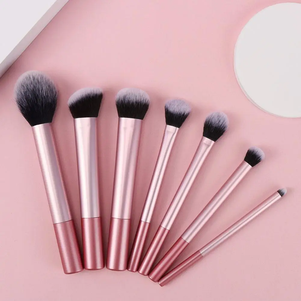 Ensemble de pinceaux de maquillage professionnels, brosse à poudre, correcteur, ombre à barrage, outil de maquillage, cheveux fins, rose, 7 Tan, 7 pièces