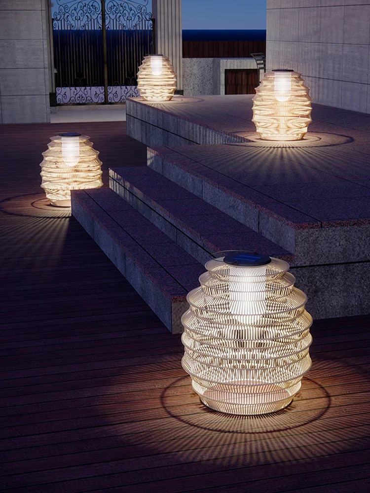 Lampada da cortile solare per esterni, lampada da terra intrecciata in rattan, lampada portatile, prato impermeabile per esterni lam