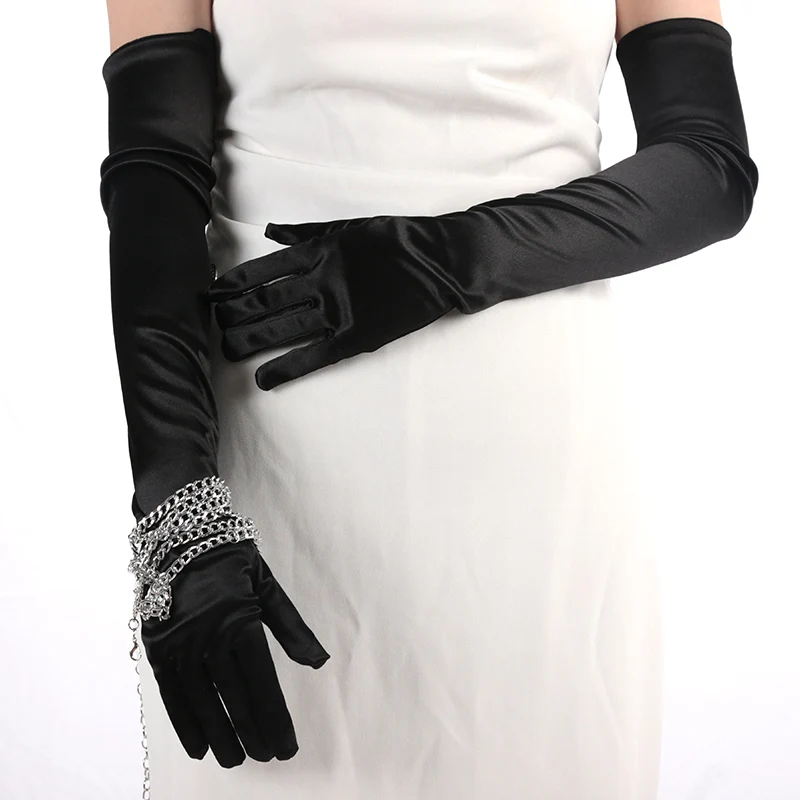 Classics Ladies Satin Long Mittens Stage Performance Women Black Colour Gloves Sexy Accessories Soft Smooth Solid High Stretch