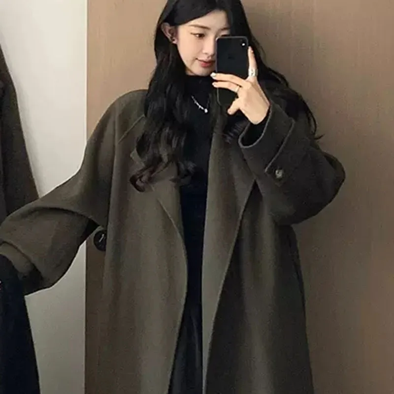 Oversized Korea Elegant Woolen Windbreaker Coat Women's Autumn Winter New High-end Outwear Mid-length Top Loose Wool Jacket Lady