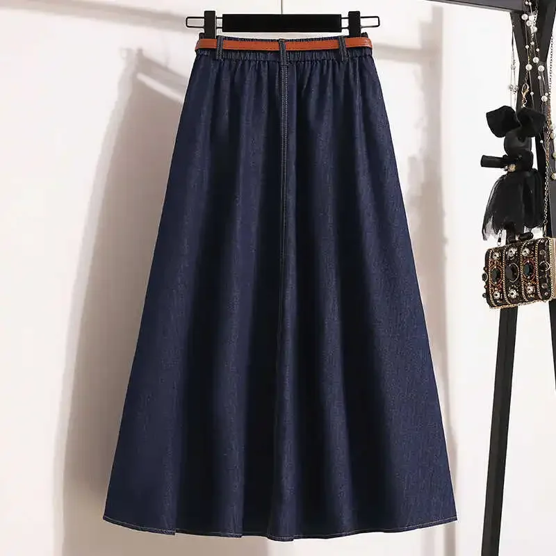 Plus size Women 2025 Autumn New Lyocell Denim Skirt Chubby Girl High Waist Slimming Belly Covering A Word Pleated Umbrella Skirt