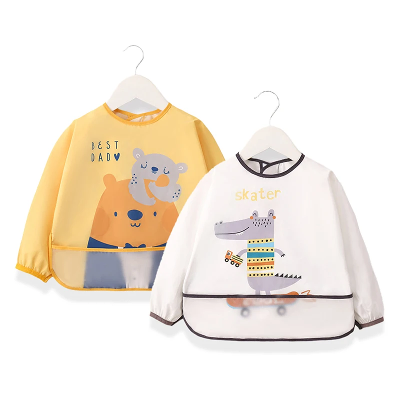 Youngsters Long Sleeve Dining Bib - Cartoon Animal Design, Machine Washable, Polyester, Fitted Overalls for Easy Clean-Up