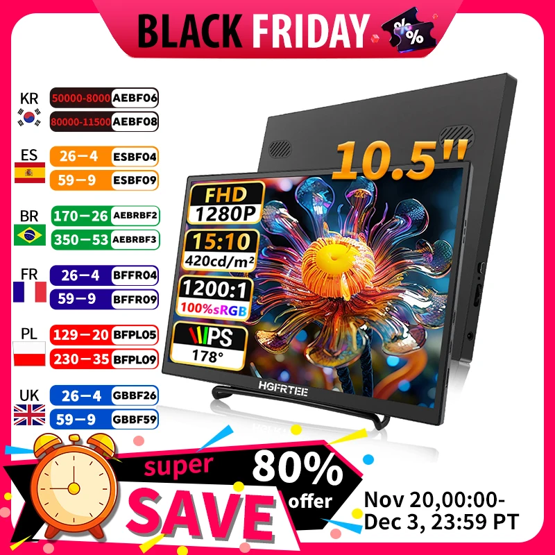 

HGFRTEE 100%sRGB 10.5 inch Portable Monitor 1280P 420Cd/m ² Second screen For Laptop Mac Xbox PS4/5 Switch PC Extension Display