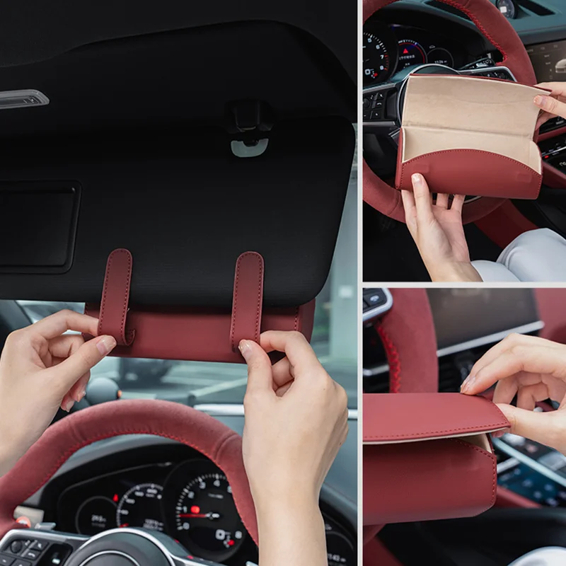 Car Glasses Case PU Leather Sun Visor Sunglasses Holder Luxury Glasses Clip Card Ticket Box For Porsche Cayenne Macan Panamera