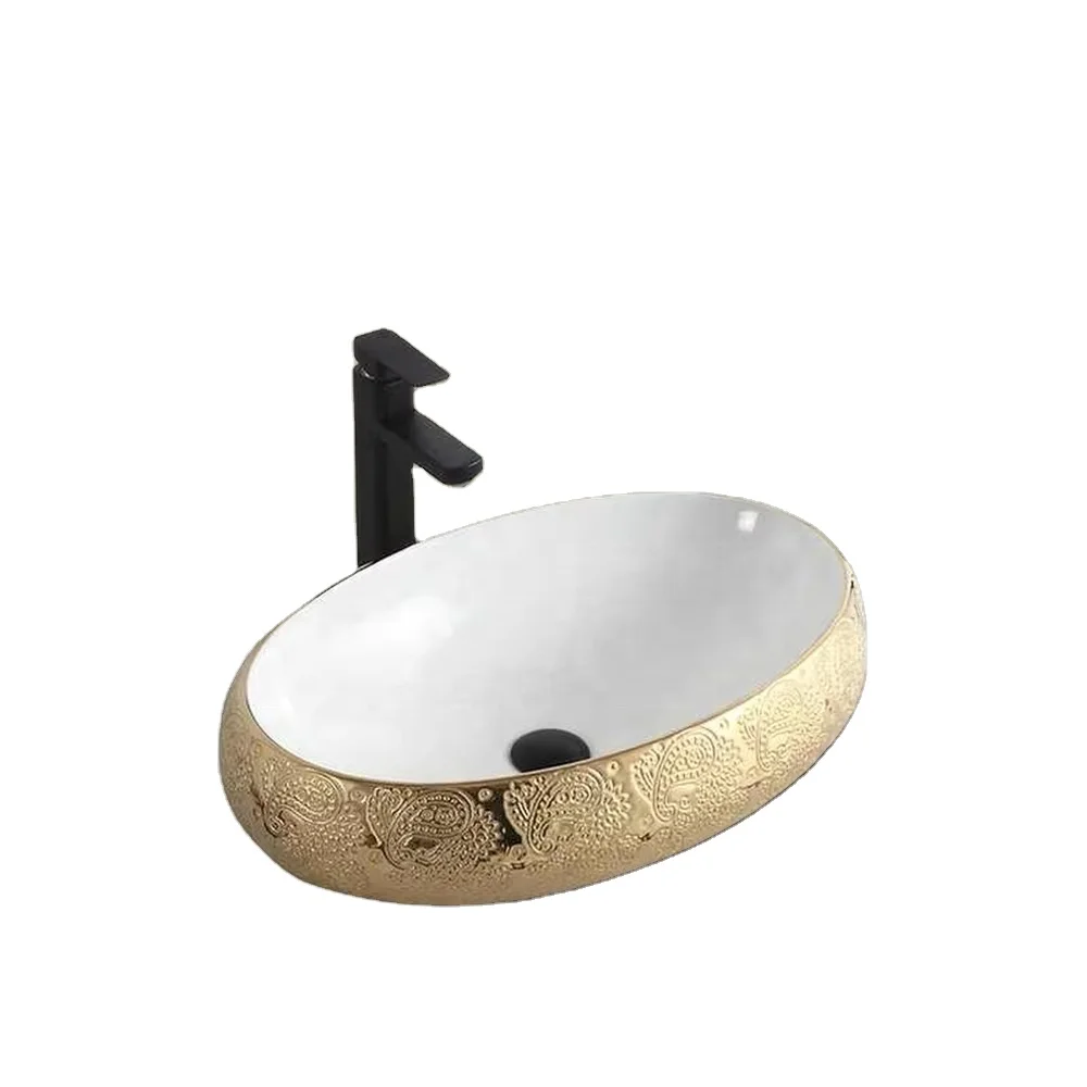 

Royal Luxury Ceramic Art Oval Bathroom Vanities Countertop Basin Gold Wash Lavabo Sink
