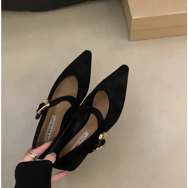 Fall vintage Lowheeled Metaldecorated Women's Mary Jane Shoes sexy Pointedtoe Office Single Shoes One-String Button Closure Type