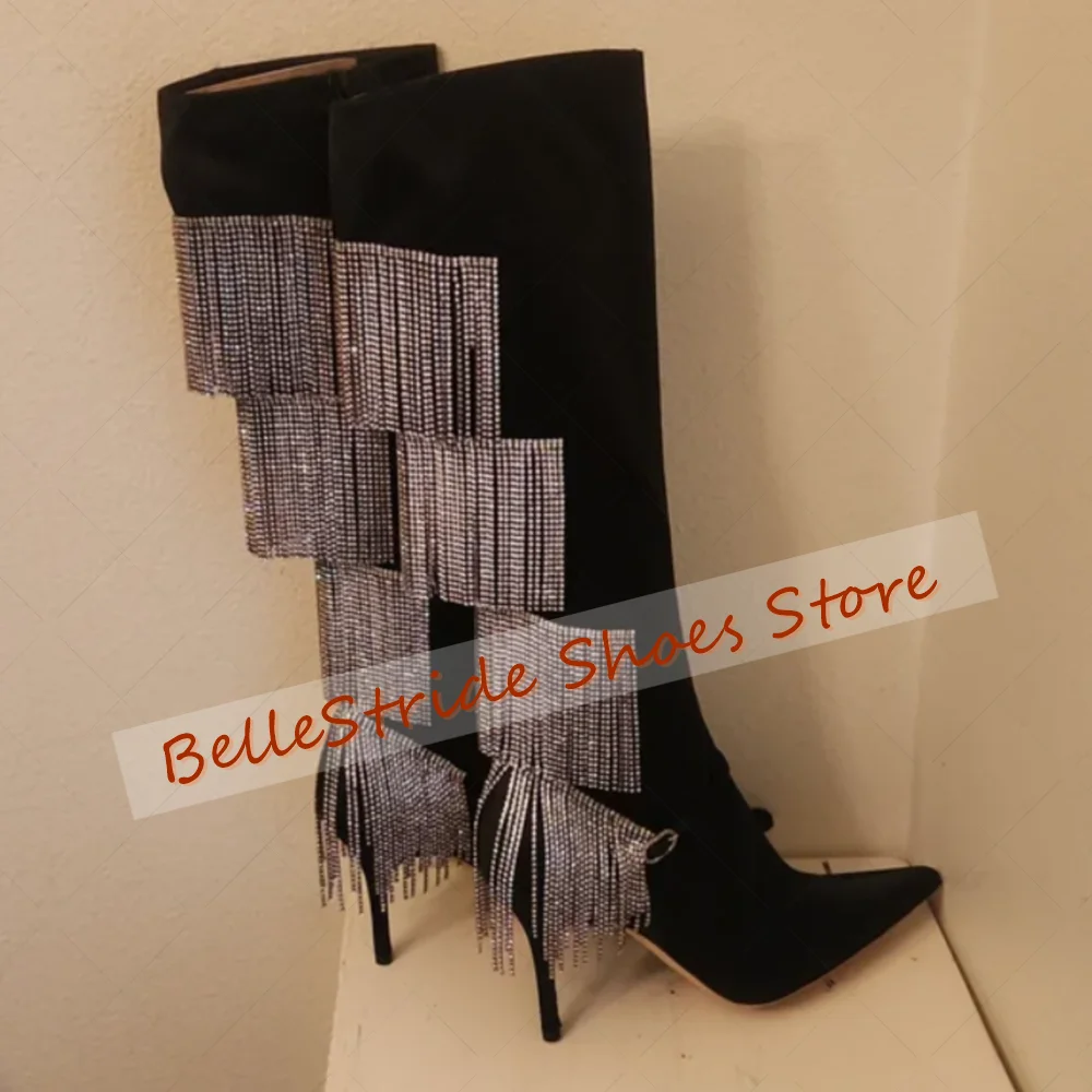 

Black Crystal Tassels Decor Boots Pointed Toe Side Zipper Women Shoes Thin High Heels Party Banquet Dating 2025 Zapatos Para Muj