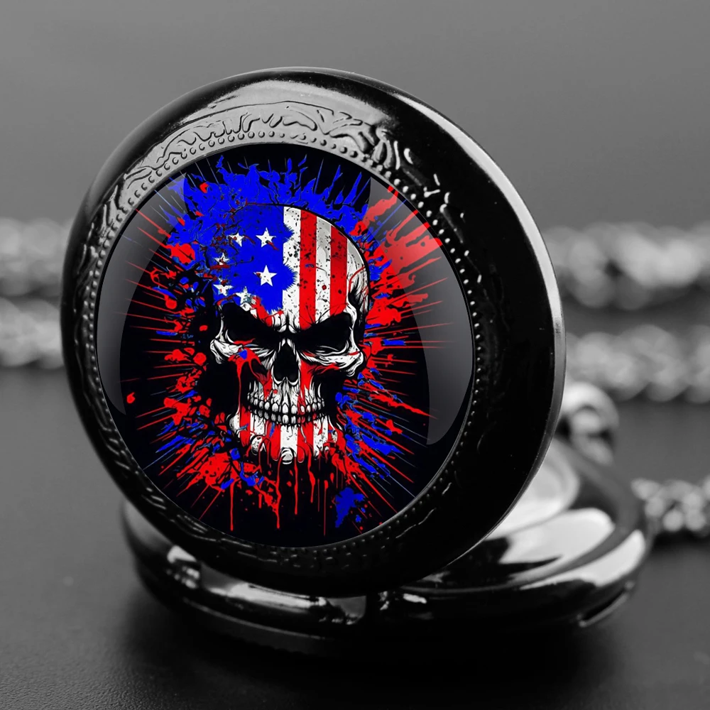 American Flag Skull Glass Dome Vintage Arabic Numerals Quartz Pocket Watch Necklace Pendant Clock Chain for Men Women